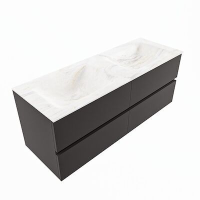 MONDIAZ VICA-DLUX 130cm badmeubel onderkast Dark grey 4 lades. Inbouw wastafel CLOUD dubbel zonder kraangat, kleur Ostra, en spiegel model SPOT
