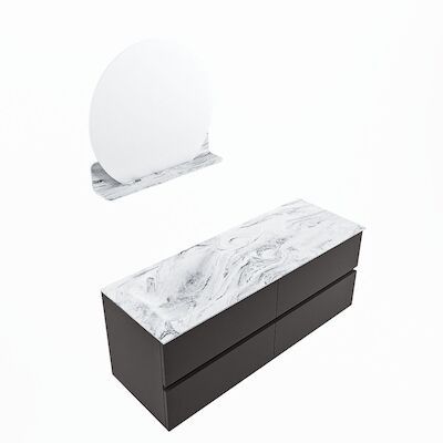 MONDIAZ VICA-DLUX 130cm badmeubel onderkast Dark grey 4 lades. Inbouw wastafel CLOUD links 1 kraangat, kleur Glace, en spiegel model SPOT