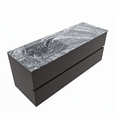 MONDIAZ VICA-DLUX 130cm badmeubel onderkast Dark grey 4 lades. Inbouw wastafel CLOUD links 1 kraangat, kleur Lava, en spiegel model SPOT
