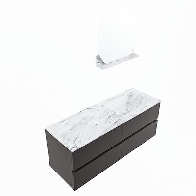 MONDIAZ VICA-DLUX 130cm badmeubel onderkast Dark grey 4 lades. Inbouw wastafel CLOUD rechts zonder kraangat, kleur Glace, en spiegel model SPOT
