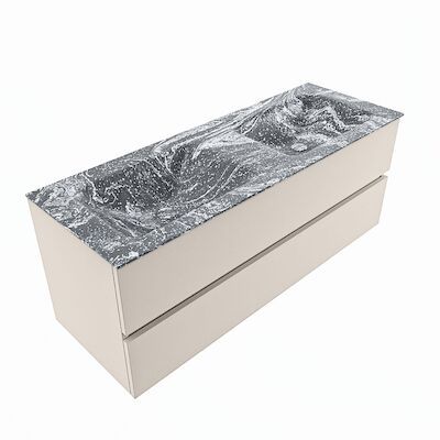 MONDIAZ VICA-DLUX 130cm badmeubel onderkast Linen 2 lades. Inbouw wastafel CLOUD dubbel 2 kraangaten, kleur Lava, en spiegel model SPOT