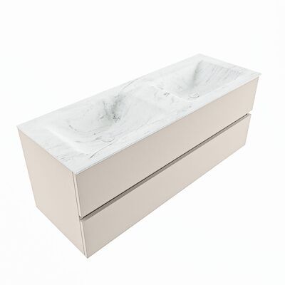 MONDIAZ VICA-DLUX 130cm badmeubel onderkast Linen 2 lades. Inbouw wastafel CLOUD dubbel zonder kraangat, kleur Opalo, en spiegel model SPOT