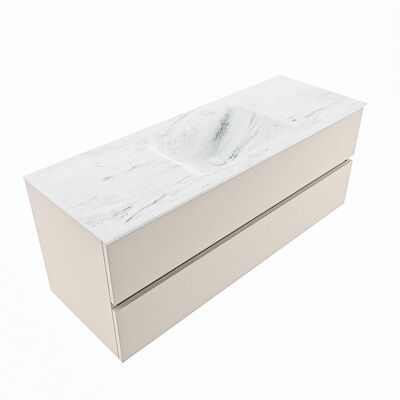 MONDIAZ VICA-DLUX 130cm badmeubel onderkast Linen 2 lades. Inbouw wastafel CLOUD midden 1 kraangat, kleur Opalo, en spiegel model SPOT