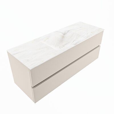 MONDIAZ VICA-DLUX 130cm badmeubel onderkast Linen 2 lades. Inbouw wastafel CLOUD midden zonder kraangat, kleur Ostra, en spiegel model SPOT