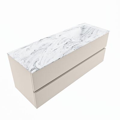 MONDIAZ VICA-DLUX 130cm badmeubel onderkast Linen 2 lades. Inbouw wastafel CLOUD rechts 1 kraangat, kleur Glace, en spiegel model SPOT