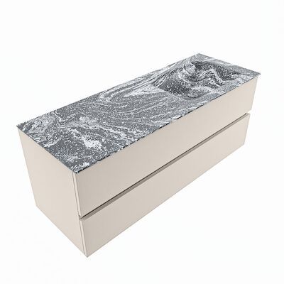 MONDIAZ VICA-DLUX 130cm badmeubel onderkast Linen 2 lades. Inbouw wastafel CLOUD rechts 1 kraangat, kleur Lava, en spiegel model SPOT