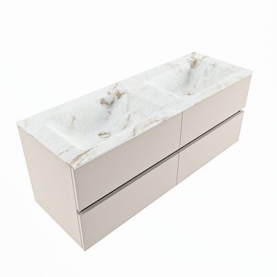 MONDIAZ VICA-DLUX 130cm badmeubel onderkast Linen 4 lades. Inbouw wastafel CLOUD dubbel zonder kraangat, kleur Frappe, en spiegel model SPOT