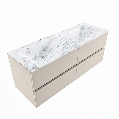 MONDIAZ VICA-DLUX 130cm badmeubel onderkast Linen 4 lades. Inbouw wastafel CLOUD dubbel zonder kraangat, kleur Glace, en spiegel model SPOT