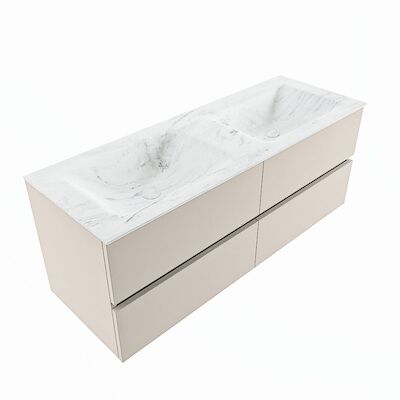 MONDIAZ VICA-DLUX 130cm badmeubel onderkast Linen 4 lades. Inbouw wastafel CLOUD dubbel zonder kraangat, kleur Opalo, en spiegel model SPOT