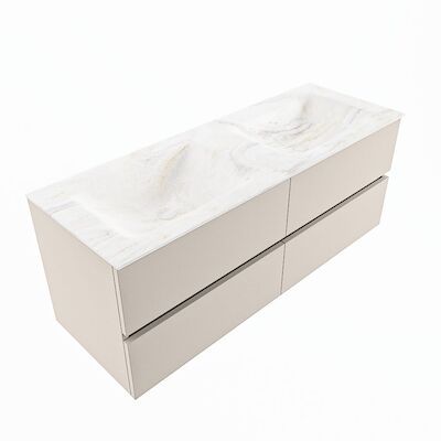 MONDIAZ VICA-DLUX 130cm badmeubel onderkast Linen 4 lades. Inbouw wastafel CLOUD dubbel zonder kraangat, kleur Ostra, en spiegel model SPOT
