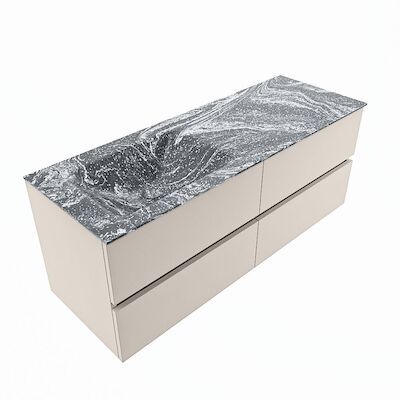 MONDIAZ VICA-DLUX 130cm badmeubel onderkast Linen 4 lades. Inbouw wastafel CLOUD links 1 kraangat, kleur Lava, en spiegel model SPOT