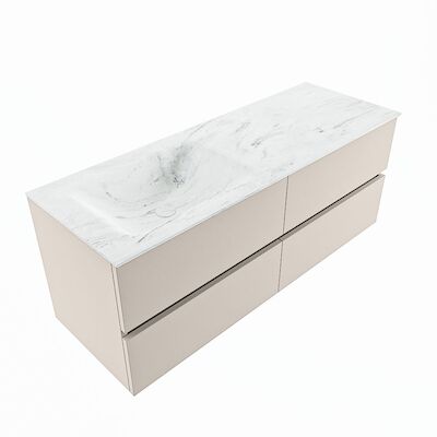 MONDIAZ VICA-DLUX 130cm badmeubel onderkast Linen 4 lades. Inbouw wastafel CLOUD links zonder kraangat, kleur Opalo, en spiegel model SPOT
