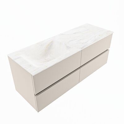 MONDIAZ VICA-DLUX 130cm badmeubel onderkast Linen 4 lades. Inbouw wastafel CLOUD links zonder kraangat, kleur Ostra, en spiegel model SPOT