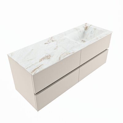 MONDIAZ VICA-DLUX 130cm badmeubel onderkast Linen 4 lades. Inbouw wastafel CLOUD rechts zonder kraangat, kleur Frappe, en spiegel model SPOT