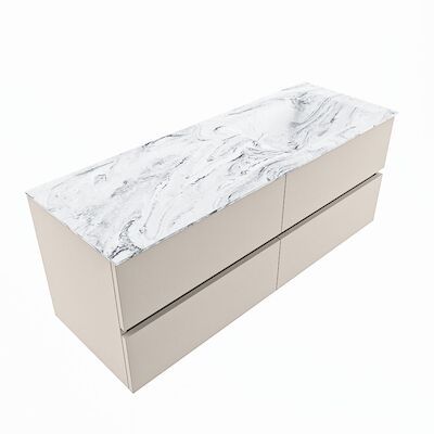 MONDIAZ VICA-DLUX 130cm badmeubel onderkast Linen 4 lades. Inbouw wastafel CLOUD rechts zonder kraangat, kleur Glace, en spiegel model SPOT