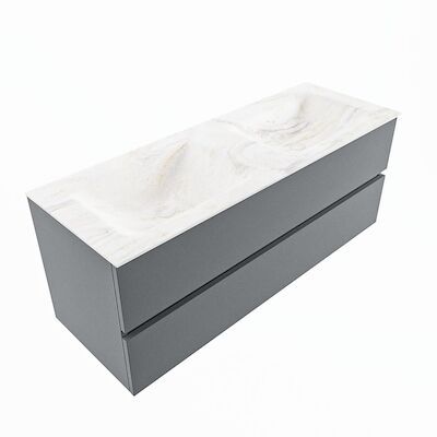 MONDIAZ VICA-DLUX 130cm badmeubel onderkast Plata 2 lades. Inbouw wastafel CLOUD dubbel zonder kraangat, kleur Ostra, en spiegel model SPOT