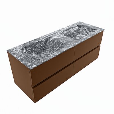 MONDIAZ VICA-DLUX 130cm badmeubel onderkast Rust 4 lades. Inbouw wastafel CLOUD dubbel 2 kraangaten, kleur Lava, en spiegel model SPOT