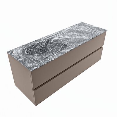MONDIAZ VICA-DLUX 130cm badmeubel onderkast Smoke 2 lades. Inbouw wastafel CLOUD links 1 kraangat, kleur Lava, en spiegel model SPOT