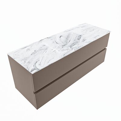 MONDIAZ VICA-DLUX 130cm badmeubel onderkast Smoke 2 lades. Inbouw wastafel CLOUD midden zonder kraangat, kleur Glace, en spiegel model SPOT