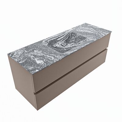 MONDIAZ VICA-DLUX 130cm badmeubel onderkast Smoke 2 lades. Inbouw wastafel CLOUD midden zonder kraangat, kleur Lava, en spiegel model SPOT