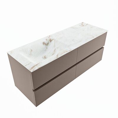 MONDIAZ VICA-DLUX 130cm badmeubel onderkast Smoke 4 lades. Inbouw wastafel CLOUD links zonder kraangat, kleur Frappe, en spiegel model SPOT