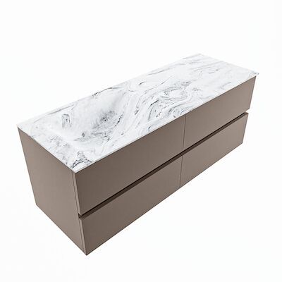 MONDIAZ VICA-DLUX 130cm badmeubel onderkast Smoke 4 lades. Inbouw wastafel CLOUD links zonder kraangat, kleur Glace, en spiegel model SPOT