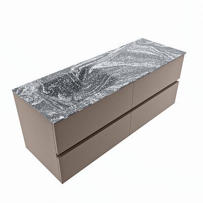 MONDIAZ VICA-DLUX 130cm badmeubel onderkast Smoke 4 lades. Inbouw wastafel CLOUD links zonder kraangat, kleur Lava, en spiegel model SPOT