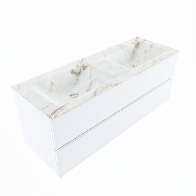 MONDIAZ VICA-DLUX 130cm badmeubel onderkast Talc 2 lades. Inbouw wastafel CLOUD dubbel zonder kraangat, kleur Frappe, en spiegel model SPOT