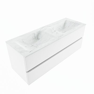 MONDIAZ VICA-DLUX 130cm badmeubel onderkast Talc 2 lades. Inbouw wastafel CLOUD dubbel zonder kraangat, kleur Opalo, en spiegel model SPOT