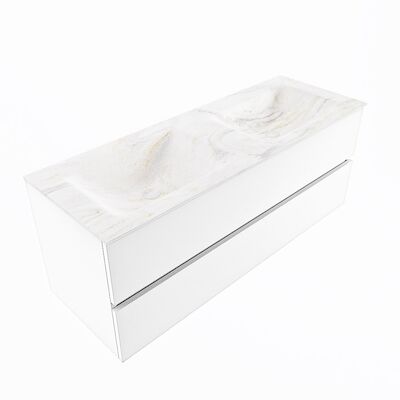 MONDIAZ VICA-DLUX 130cm badmeubel onderkast Talc 2 lades. Inbouw wastafel CLOUD dubbel zonder kraangat, kleur Ostra, en spiegel model SPOT