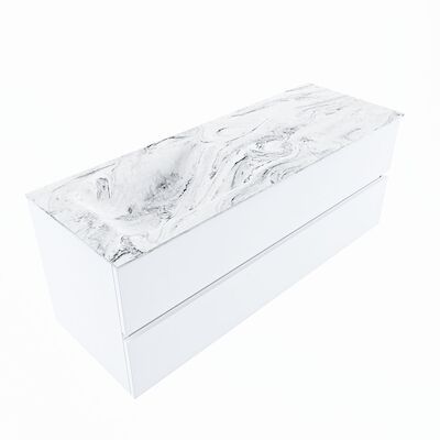 MONDIAZ VICA-DLUX 130cm badmeubel onderkast Talc 2 lades. Inbouw wastafel CLOUD links 1 kraangat, kleur Glace, en spiegel model SPOT