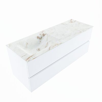 MONDIAZ VICA-DLUX 130cm badmeubel onderkast Talc 2 lades. Inbouw wastafel CLOUD links zonder kraangat, kleur Frappe, en spiegel model SPOT