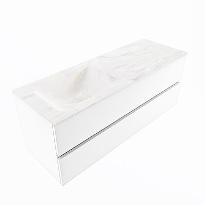 MONDIAZ VICA-DLUX 130cm badmeubel onderkast Talc 2 lades. Inbouw wastafel CLOUD links zonder kraangat, kleur Ostra, en spiegel model SPOT