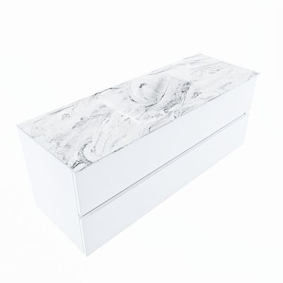 MONDIAZ VICA-DLUX 130cm badmeubel onderkast Talc 2 lades. Inbouw wastafel CLOUD midden zonder kraangat, kleur Glace, en spiegel model SPOT