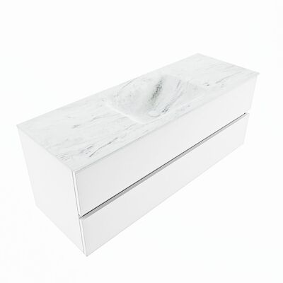 MONDIAZ VICA-DLUX 130cm badmeubel onderkast Talc 2 lades. Inbouw wastafel CLOUD midden zonder kraangat, kleur Opalo, en spiegel model SPOT