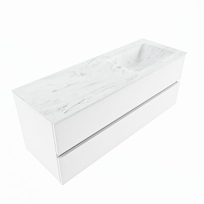 MONDIAZ VICA-DLUX 130cm badmeubel onderkast Talc 2 lades. Inbouw wastafel CLOUD rechts 1 kraangat, kleur Opalo, en spiegel model SPOT