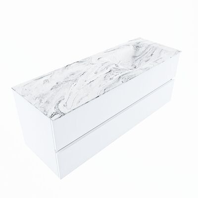 MONDIAZ VICA-DLUX 130cm badmeubel onderkast Talc 2 lades. Inbouw wastafel CLOUD rechts zonder kraangat, kleur Glace, en spiegel model SPOT
