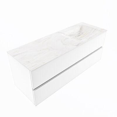 MONDIAZ VICA-DLUX 130cm badmeubel onderkast Talc 2 lades. Inbouw wastafel CLOUD rechts zonder kraangat, kleur Ostra, en spiegel model SPOT