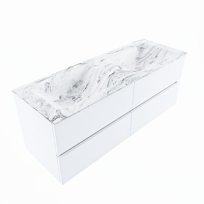 MONDIAZ VICA-DLUX 130cm badmeubel onderkast Talc 4 lades. Inbouw wastafel CLOUD dubbel zonder kraangat, kleur Glace, en spiegel model SPOT