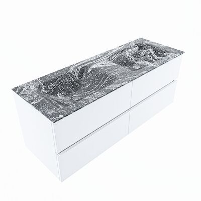 MONDIAZ VICA-DLUX 130cm badmeubel onderkast Talc 4 lades. Inbouw wastafel CLOUD dubbel zonder kraangat, kleur Lava, en spiegel model SPOT