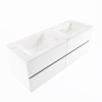 MONDIAZ VICA-DLUX 130cm badmeubel onderkast Talc 4 lades. Inbouw wastafel CLOUD dubbel zonder kraangat, kleur Ostra, en spiegel model SPOT