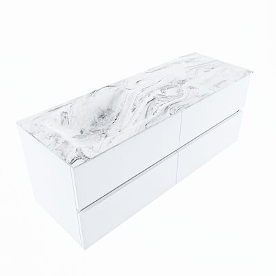 MONDIAZ VICA-DLUX 130cm badmeubel onderkast Talc 4 lades. Inbouw wastafel CLOUD links 1 kraangat, kleur Glace, en spiegel model SPOT