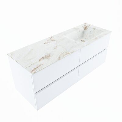 MONDIAZ VICA-DLUX 130cm badmeubel onderkast Talc 4 lades. Inbouw wastafel CLOUD rechts 1 kraangat, kleur Frappe, en spiegel model SPOT