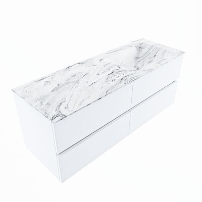 MONDIAZ VICA-DLUX 130cm badmeubel onderkast Talc 4 lades. Inbouw wastafel CLOUD rechts 1 kraangat, kleur Glace, en spiegel model SPOT