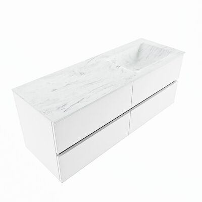 MONDIAZ VICA-DLUX 130cm badmeubel onderkast Talc 4 lades. Inbouw wastafel CLOUD rechts 1 kraangat, kleur Opalo, en spiegel model SPOT