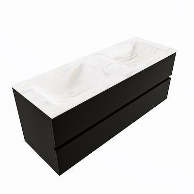 MONDIAZ VICA-DLUX 130cm badmeubel onderkast Urban 2 lades. Inbouw wastafel CLOUD dubbel 2 kraangaten, kleur Ostra, en spiegel model SPOT