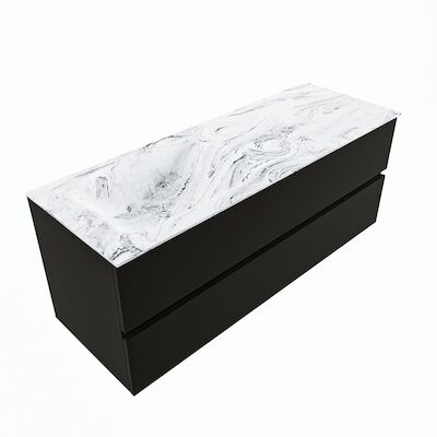 MONDIAZ VICA-DLUX 130cm badmeubel onderkast Urban 2 lades. Inbouw wastafel CLOUD links zonder kraangat, kleur Glace, en spiegel model SPOT