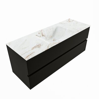 MONDIAZ VICA-DLUX 130cm badmeubel onderkast Urban 2 lades. Inbouw wastafel CLOUD midden zonder kraangat, kleur Frappe, en spiegel model SPOT