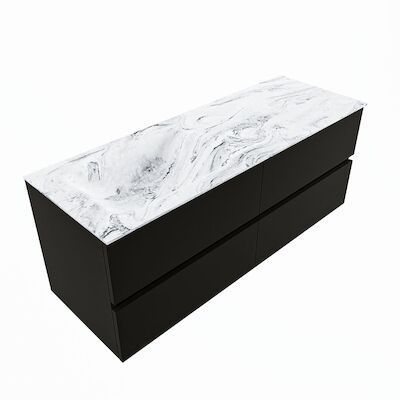 MONDIAZ VICA-DLUX 130cm badmeubel onderkast Urban 4 lades. Inbouw wastafel CLOUD links zonder kraangat, kleur Glace, en spiegel model SPOT