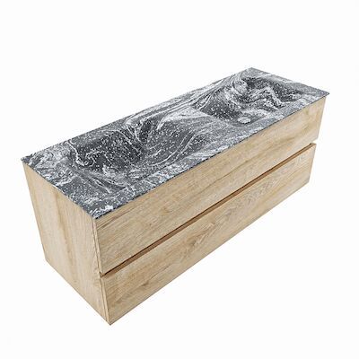 MONDIAZ VICA-DLUX 130cm badmeubel onderkast Washed Oak 2 lades. Inbouw wastafel CLOUD dubbel zonder kraangat, kleur Lava, en spiegel model SPOT
